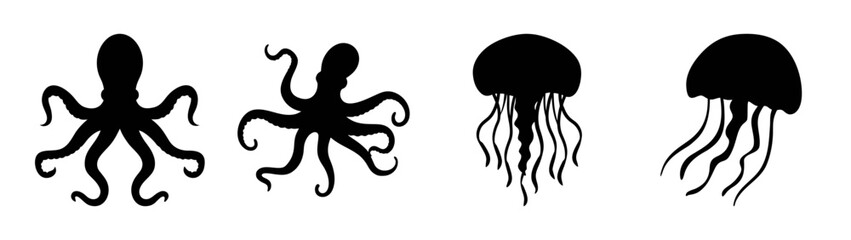 Silhouette of octopus and jellyfish sea creatures vector illustration marine life aquatic animals ocean