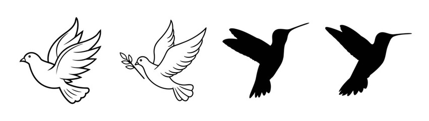 Vector illustration of doves and hummingbirds flying in black and white outline art style