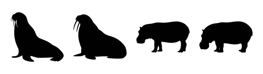 Silhouette illustration of seals and sheep standing black and white animal art design vector