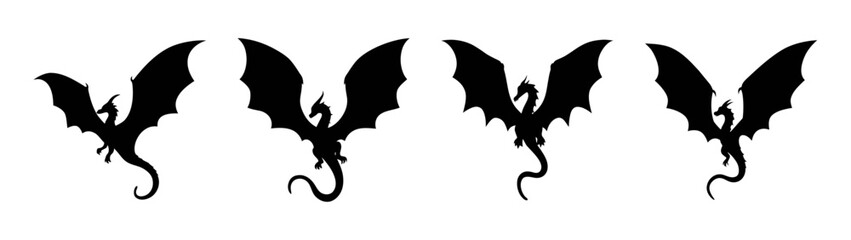 Flying dragon silhouette vector illustration fantasy mythical creatures design element art print poster 90