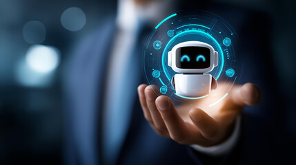 AI agent holographic robot assistant concept, digital interface showing generative AI, functions digital business productivity, agent work holographic robot interface, assistant tools