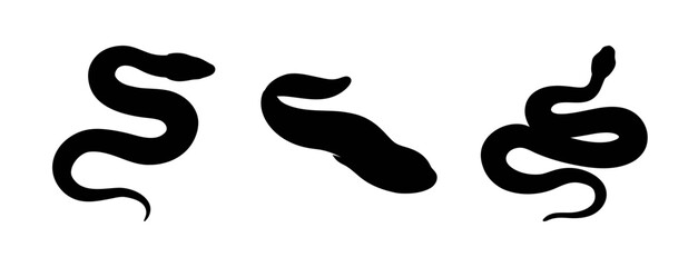 Black snake silhouette vector illustration set, reptile serpent drawing, snake tattoo design art