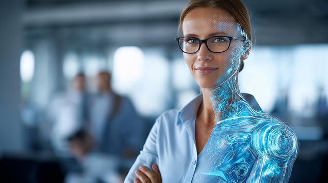 AI hologram agent representing autonomy, teamwork standing beside humans, modern office visualization, collaboration symbolizing, artificial intelligence human workforce, digital - Powered by Adobe