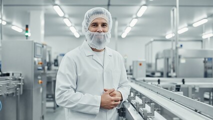 Portrait of smiling factory worker in protective clothing. Professional technician in modern, clean manufacturing facility with conveyor belt