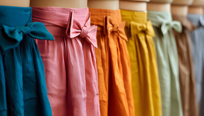 A row of different colored skirts with bows on them. Perfect for fashion and clothing-related projects