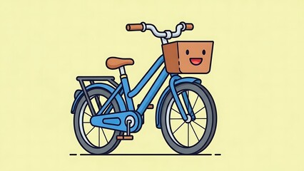 Smiling Cartoon Bicycle with Brown Basket.