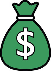 Money bag symbolizing wealth and finance, isolated graphic illustration, simple green dollar icon, flat design, front view, financial concept for business and economy