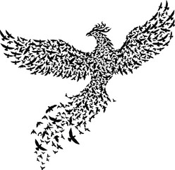 Flight of a Phoenix Composed of Birds, Abstract Graphic Illustration, Black Silhouette Art, Creative Design, Symbolic Concept, Studio View