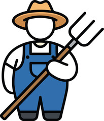 Illustration of Farmer Holding Pitchfork Wearing Overalls and Hat, Isolated on White Background, Front View, Agriculture Concept