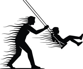 Silhouette of Adult Pushing Child on Swing Outdoors Graphic Art Abstract Minimalist Design Black and White Vector Illustration