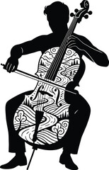 Silhouette of Musician Playing Artistic Patterned Cello in Minimalist Studio Environment Vector Illustration