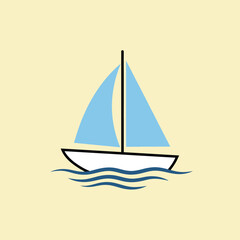 Sailing Boat on Calm Water Waves Minimalist Illustration with Blue Sail and Black Hull in Simple Vector Graphic Style