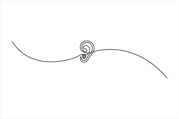 Continuous one-line drawing of a whisper ear icon. Minimalist medical symbol for hearing and audiology. Simple black line art on a white background.