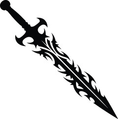 Intricately Designed Tribal Sword Artwork, Black Silhouette, Fantasy Weapon Illustration, Decorative Blade, Graphic Design, Vector Perspective, Mystical Concept