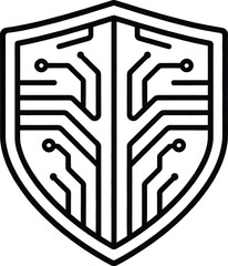 Digital cybersecurity shield protecting data in virtual environment, technology concept illustration, graphic design, front view, secure network defense