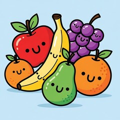 Cartoon fruits with smiling faces together.