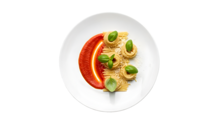 Deconstructed pasta dish with sauce swirl, pasta strands, basil leaves and parmesan arranged in geometric spacing, minimalist fine-dining style, isolated