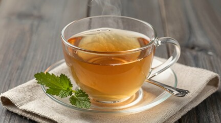 Glass cup of tea with lemon balm on a rustic wooden surface evokes a sense of calm