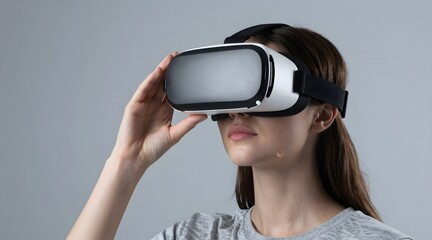 Woman experiencing virtual reality with futuristic vr headset against a grey background