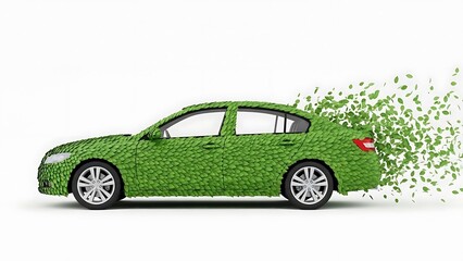 Green leaf covered car with leaves falling off back eco-friendly vehicle