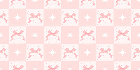 Coquette pink checker seamless pattern with bows and stars. Girly wrapping paper for birthday, Valentine and holidays. Hand drawn print for textile. Y2k aesthetic. Vector illustration wallpaper