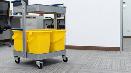 Cleaning cart with yellow buckets sitting inside an office space
