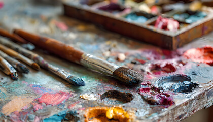 Fototapeta premium A close-up view of an art supplies palette on a table, ideal for use in s or designs related to creativity and artistic expression