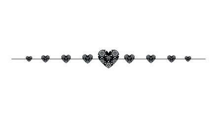 Elegant horizontal row of black heart silhouettes on a thin line. Minimalist vector divider or border design for Valentine's Day, wedding invitations, romantic greeting cards, and love concepts.
