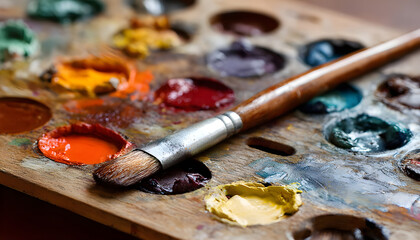 A close-up view of an art supplies palette on a table, ideal for use in s or designs related to creativity and artistic expression