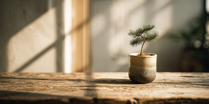 Miniature Pine Tree in a Rustic Pot on Wooden Table - Powered by Adobe