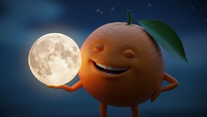 Smiling orange character holds moon.