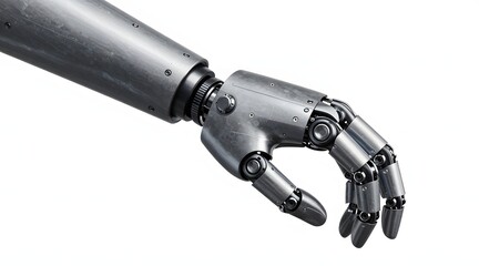 Mechanical hand reaches down with intricate design on white backdrop