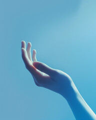 Open Human Hand Reaching Up in Blue Minimal Background for Wellness and Brand Concepts