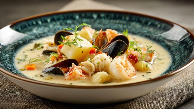 Seafood chowder served in elegant bowl, neutral background
