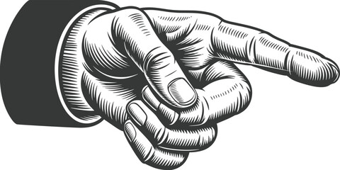 Pointing hand vintage engraving vector illustration showing detailed human finger gesture in retro black and white style for signage direction instruction posters and graphic design projects