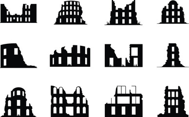 Ruined buildings and destroyed architecture silhouettes vector illustration set featuring abandoned structures and broken houses in black style for history war apocalypse and urban decay designs