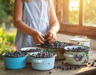Little hands sort fresh blueberries in rustic vintage bowls under warm golden light. A charming scene evoking rural childhood, organic farming, and wholesome, healthy summer traditions.