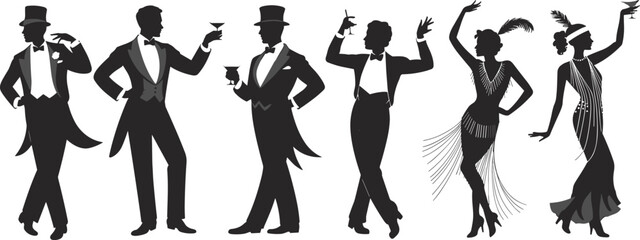 Silhouette illustration set of 1920s flapper women and tuxedoed men holding cocktails for Jazz Age fashion and party themes.