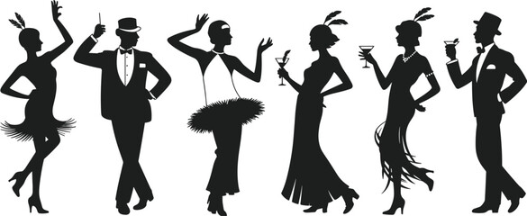 Silhouette illustration set of 1920s partygoers in flapper dresses and tuxedos for vintage fashion, Jazz Age, and speakeasy themes.