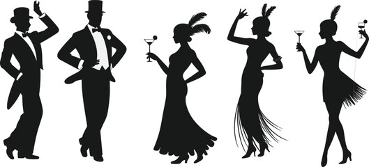 Roaring twenties party people silhouette vector illustration set featuring elegant men and women in vintage outfits dancing and holding cocktails in 1920s jazz age style