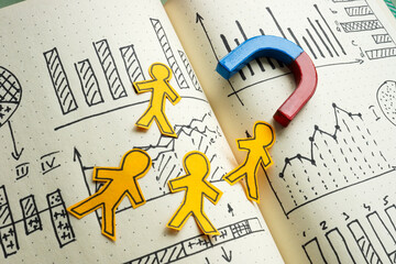 Customer acquisition cost with human figures and analytics charts.