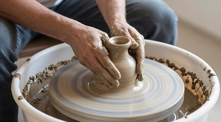 Close up of potter shaping clay on a spinning wheel