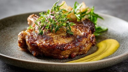 Veal cutlet plated simply, neutral stone surface