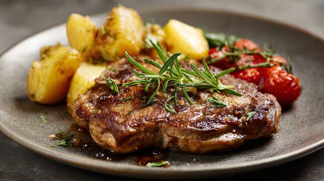 Veal cutlet plated simply, neutral stone surface