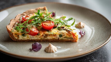 Vegetable tart slice served simply, neutral ceramic plate