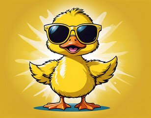 Adorable yellow duckling sports trendy sunglasses against a vibrant yellow backdrop. Playful baby bird strikes a pose with flair and confidence, embracing the cheerful summer party atmosphere.