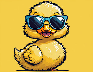 Adorable yellow duckling sports trendy sunglasses against a vibrant yellow backdrop. Playful baby bird strikes a pose with flair and confidence, embracing the cheerful summer party atmosphere.