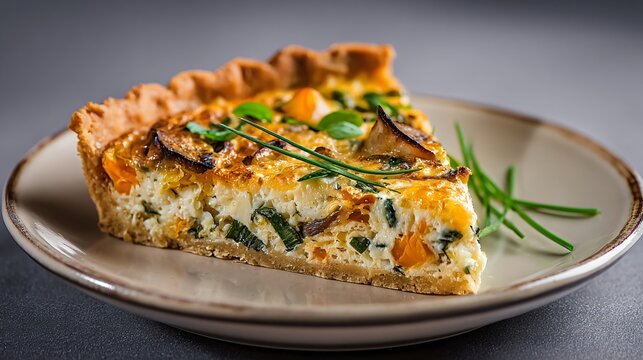 Vegetable tart slice served simply, neutral ceramic plate - Powered by Adobe