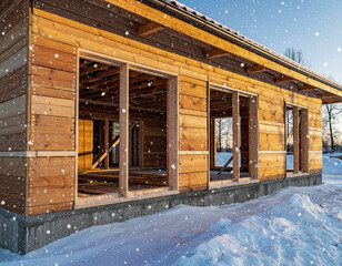 Modern wooden house under construction in winter snow, utilizing SIP panels for exterior walls, with windows and door frame already installed.