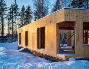 Modern wooden house under construction in winter snow, utilizing SIP panels for exterior walls, with windows and door frame already installed.